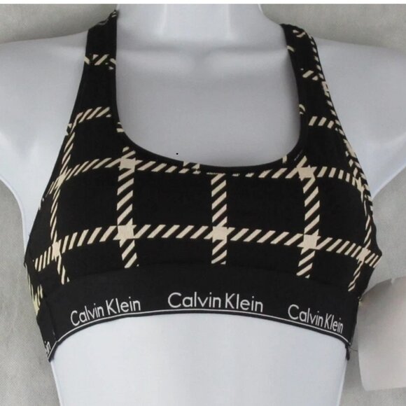 Calvin Klein Women's Logo Band Cotton Blend Bralette, Black Beige Plaid, Small - Picture 1 of 3